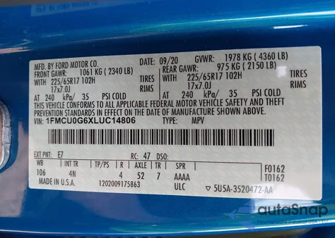 2020 Ford Escape Se from USA, damaged, VIN 1FMCU0G6XLUC14806